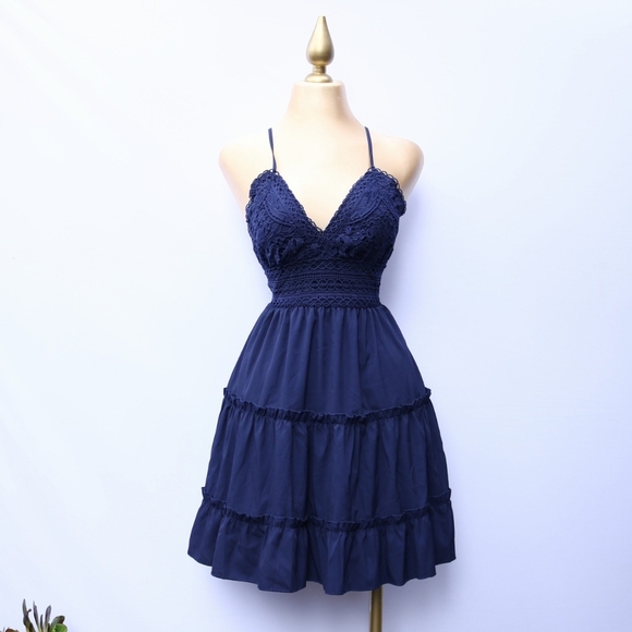 Navy Blue Spaghetti Strap Ruffle Mini Dress with Bow back, Small - Picture 8 of 12